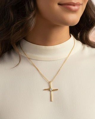 Elegant Gold Cross Necklace with Center Crystal Accent-W