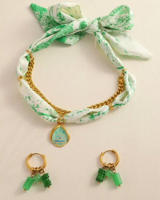 Silk Bow Necklace with Gold Chain & Evil Eye Charm with Drop Earrings (Green)-W