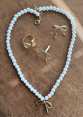 Pearl bow necklace, earrings, ring set -W