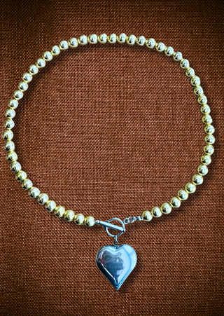 Gold Beads, Silver Heart Necklace-W