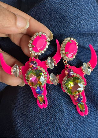 Western Bull Head Crystal Earring (Bright Pink)