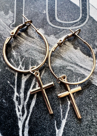 Golden Big Hoop Earring With Cross (RTS)-W