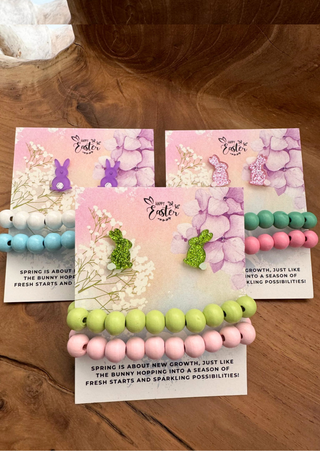 Easter Assorted Bunny Stud & 2-Pastel Wooden Bracelets Set