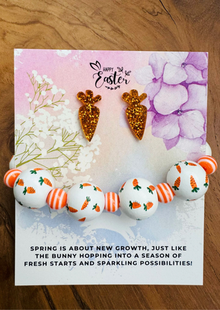 Easter Carrot Stud & Wooden Beaded Bracelet Set-W