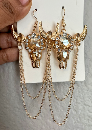 Western/Rodeo Bull Head Chain Drop Earrings-W