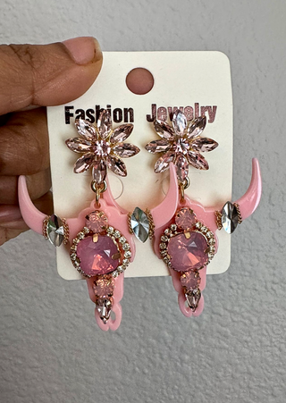 Western Bull Head Crystal Earring (Light Pink)-W