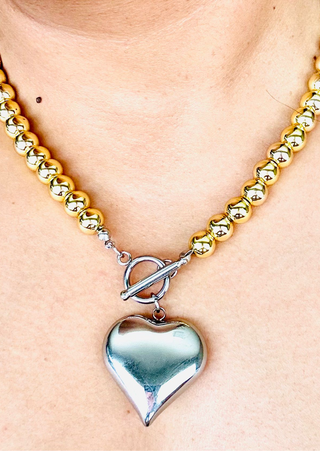 Gold Beads, Silver Heart Necklace-W