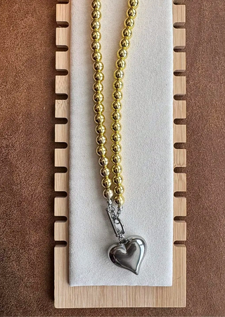 Gold Beads, Silver Heart Necklace-W