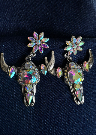 Western Bull Head Crystal Earring (Silver)-W