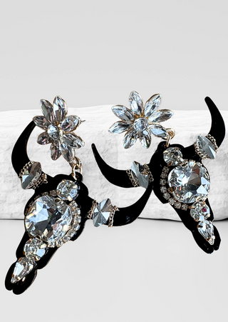 Western Bull Head Crystal Earring (Black/White)