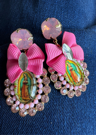 Western Bow Mother Mary Rhinestone Earring(Pink)