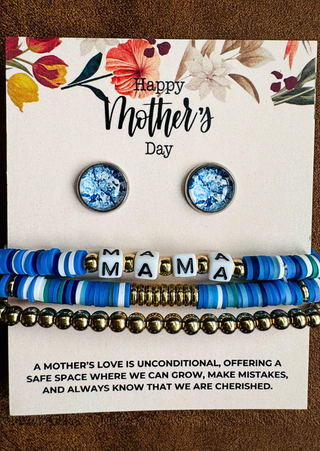 PRE ORDER MAMA Blue Floral Stainless Steel Stud & Stack Bracelet Set(MOQ-3)-W TAT 13-15 days