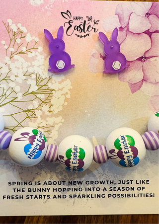 Easter Bunny Stud with Printed Wooden Bracelet Set(Purple)-W