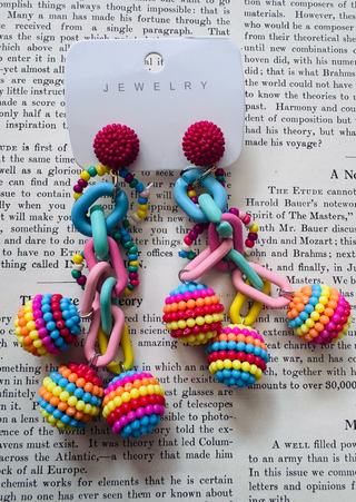 Handbeaded Multi-Colored Pom-Pom Drop Earrings-W