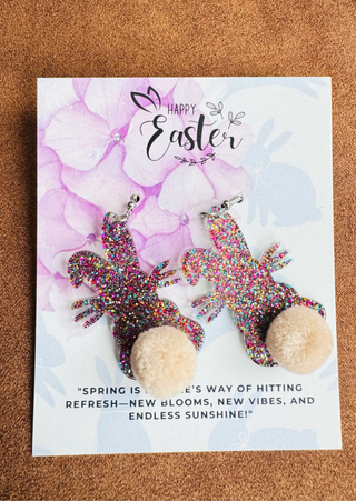 Glitter Bunny Cotton Tail Earrings-W (RTS)