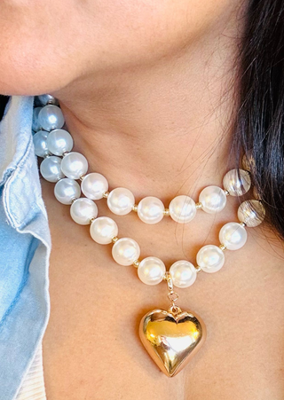 Double Layered Pearl Necklace with Detachable Heart Pendant-W