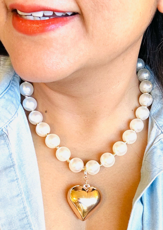 Double Layered Pearl Necklace with Detachable Heart Pendant-W