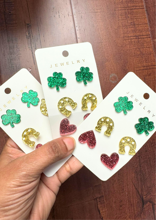 St Patrick Day-Clover Omega Love Stud Earrings(Set of 3)-W