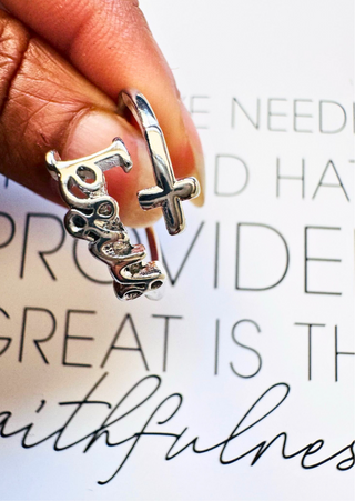 PREORDER-Silver Cross and Jesus Adjustable Ring-W