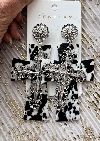 Cow Patterned Big Cross Earrings-W