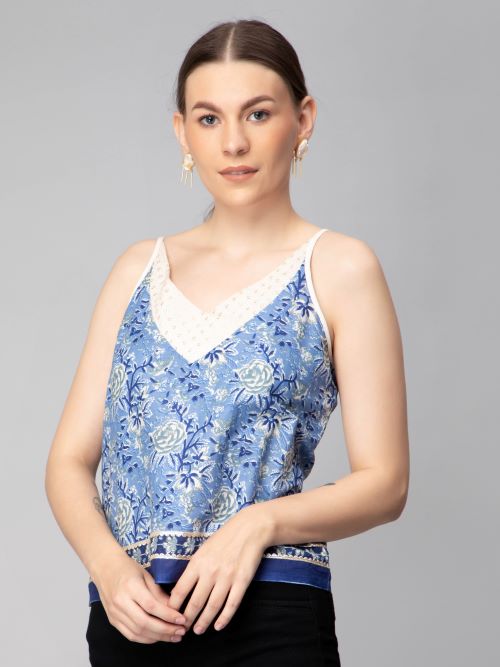 Lucky Brand Printed Tie Front Cami 100% Cotton Embroidered Blue Floral Size  XL