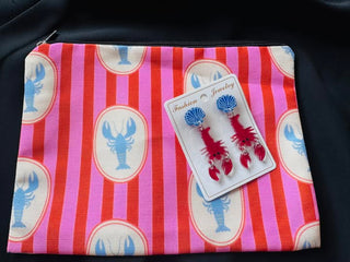 Pink Red Stripe Blue Lobster Makeup Bag & Earring Set-W
