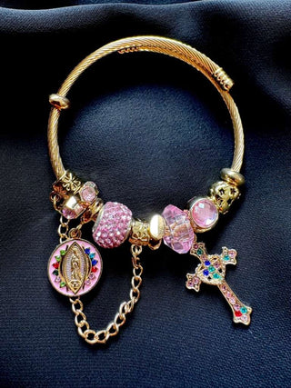 Faith Virgin Mary Cross Charm Gold Adjustable Pink Crystal Bracelet-W