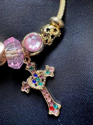 Pink Big Crystal & Faith Cross Charm Statement Bracelets-W