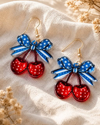 Star & Stripes Cherry With Bow Dangle Earring-W