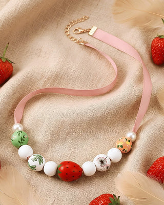 Strawberry Hand Painted Wooden Ribbon Necklace Adjustable-W