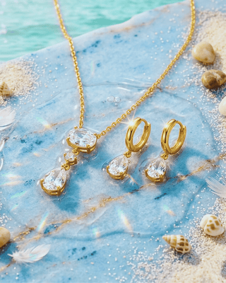 18K Gold Water Drop Zircon Necklace & Hoop Earring Set-W