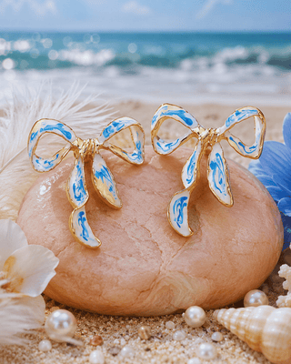 Summer Porcelain Blue Bow 18K Gold Earring-W