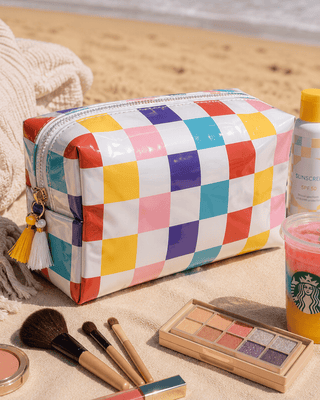 PVC Waterproof Multicolor Checkered Beach Makeup Bag-W