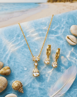 18K Gold Water Drop Zircon Necklace & Hoop Earring Set-W