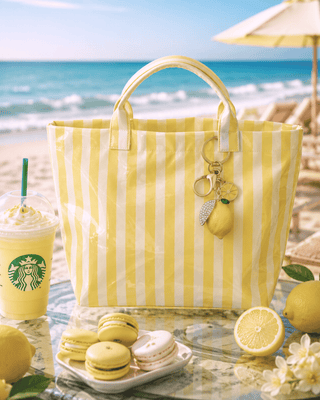 Lemon Yellow Striped Tote & Bag Charm Set-W