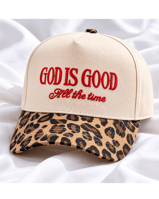Faith Embroidered Leopard Print Cotton Curved Brim Cap-W