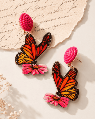 Summer Pink Beaded Butterfly Drop Earring-W