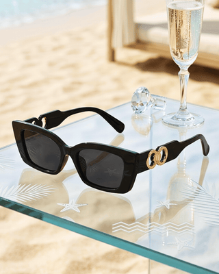Summer Square Black Frame Lens Temple Gold Accent Sunglass-W