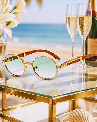 Summer Circle Gold Frame Green Tint Lens Wooden Temple Sunglass-W