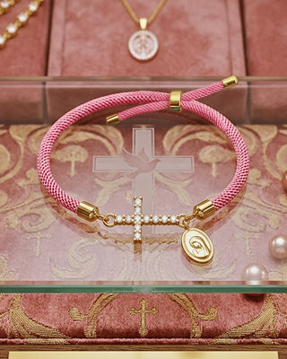 Pink Big Crystal & Faith Cross Cord Rope Bracelets-W