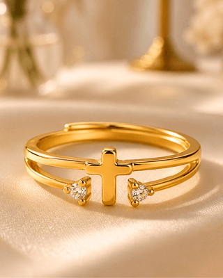 Faith Cross 18K Gold Adjustable Zirconia Ring-W