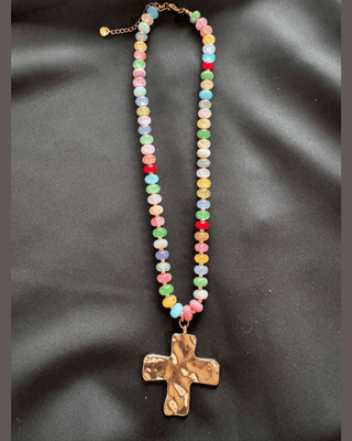 Faith Cross Multicolor Natural Stone Beaded Necklace-W