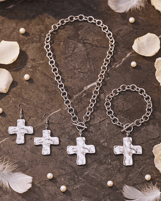 Faith Silver Hammered Cross Chunky Necklace, Bracelet, Earring Set-W