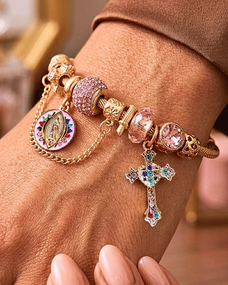 Pink Big Crystal & Faith Cross Charm Statement Bracelets-W