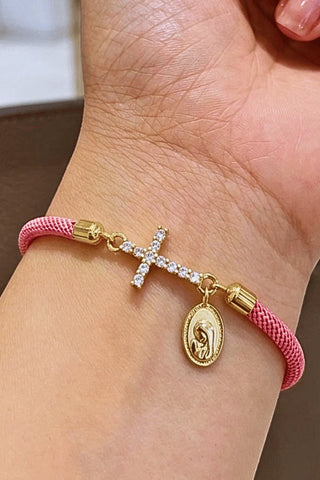 Pink Big Crystal & Faith Cross Cord Rope Bracelets-W