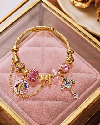 Pink Big Crystal & Faith Cross Charm Statement Bracelets-W