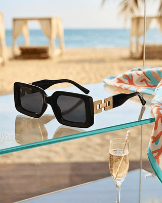 Summer Rectangular Black Frame & Lens Gold Accent Sunglass-W