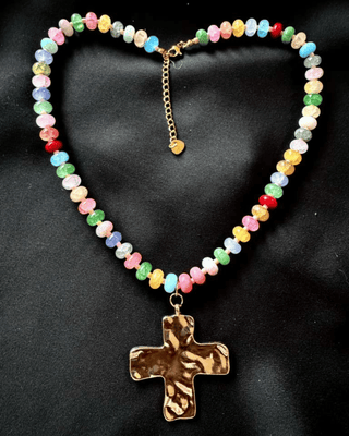 Faith Cross Multicolor Natural Stone Beaded Necklace-W