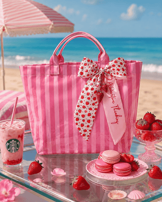 Strawberry Pink Striped Tote & Ribbon Bag Charm Set-W