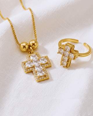 Faith Cross Zircon 18K Gold Waterproof Set-W